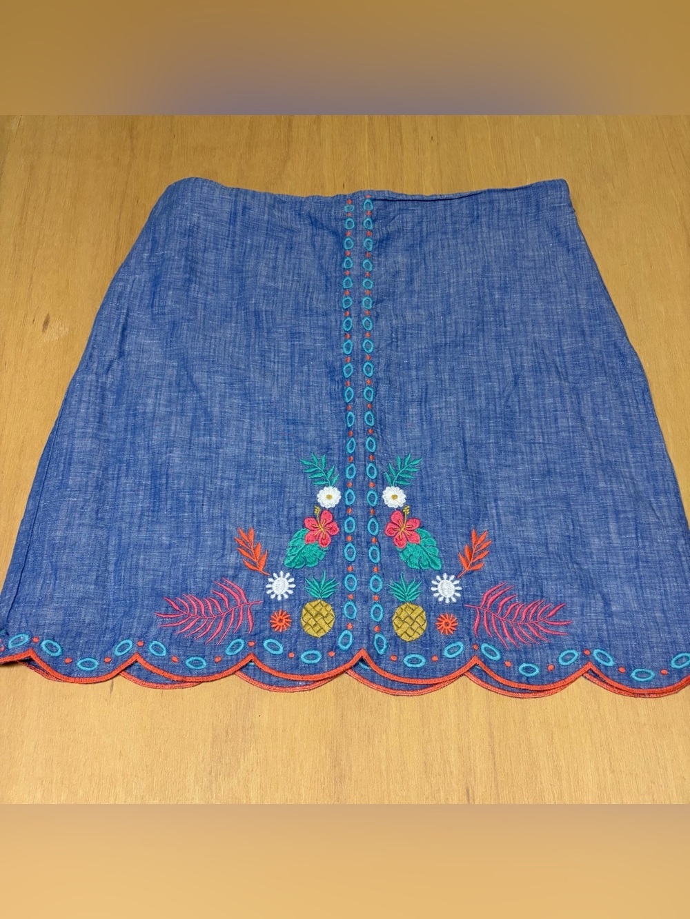 Talbots Blue Linen Cotton Embroidered Skirt 12 Floral Coastal Boho Cottagecore